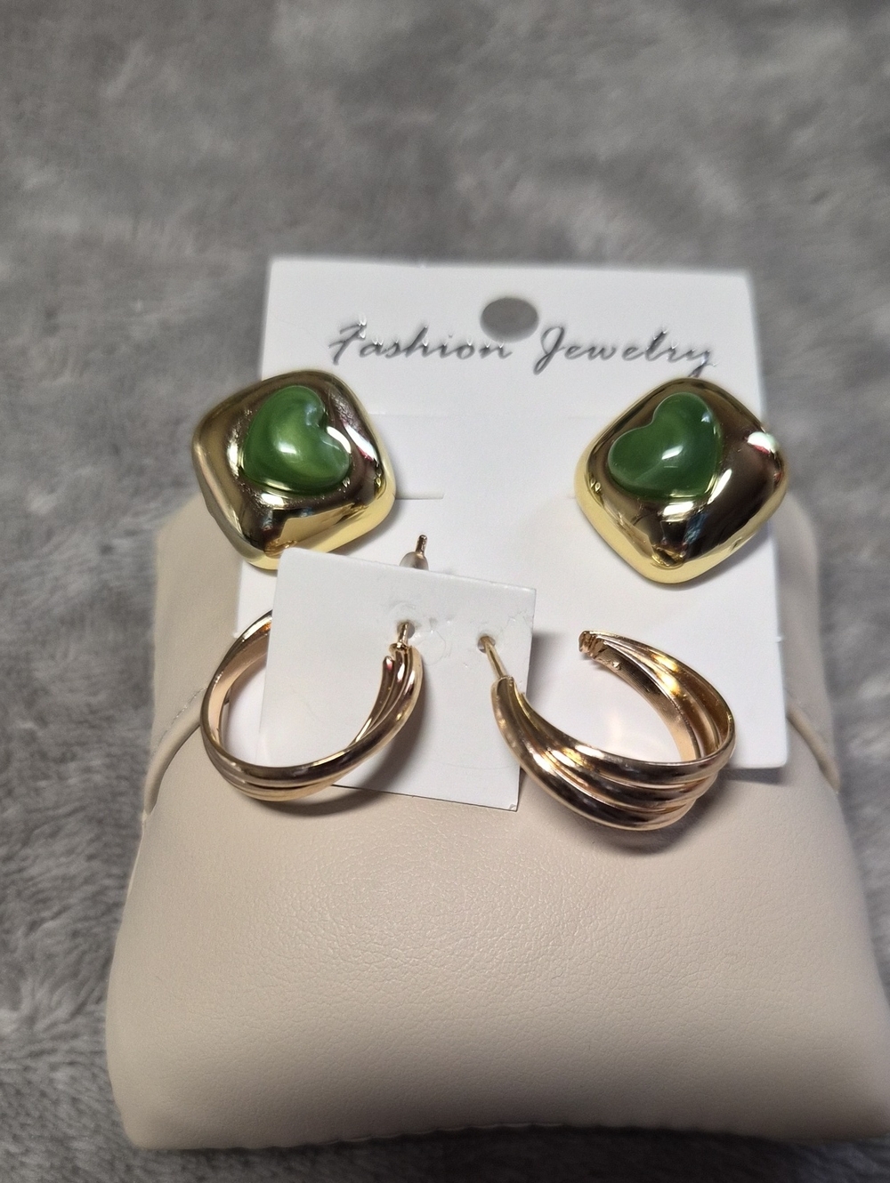 Fashion Jewelry Gold-Tone Heart Stud Earrings with Green Accent